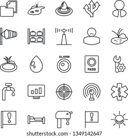 Thin Line Icon Set - passport vector, bed, wind, luggage storage, statistic monitor, water drop, pond, ambulance star, patient, route, important flag, folder document, antenna, root setup, target