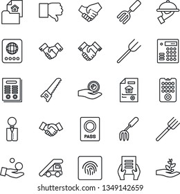 Thin Line Icon Set - passport vector, ladder car, handshake, document, garden fork, farm, saw, finger down, fingerprint id, contract, estate, waiter, remote control, combination lock, investment