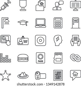 Thin Line Icon Set - passport vector, medical room, identity card, graduate, abacus, brainstorm, document, syringe, fragile, equalizer, video camera, speaker, laptop pc, chain, rec button, sd