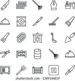 Thin Line Icon Set - passport control vector, security gate, safe, trowel, farm fork, rake, pruner, saw, garden knife, scalpel, cargo container, oil barrel, rack, pause button, paper clip, ink pen