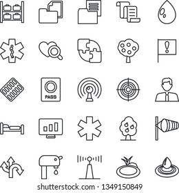 Thin Line Icon Set - passport vector, bed, wind, luggage storage, contract, statistic monitor, water drop, pond, heart diagnostic, pills blister, ambulance star, route, important flag, antenna