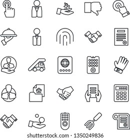 Thin Line Icon Set - passport vector, ladder car, handshake, document, garden fork, glove, client, touch screen, finger down, fingerprint id, contract, estate, waiter, remote control, palm sproute