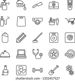 Thin Line Icon Set - passport control vector, pencil, shovel, wheelbarrow, hoe, garden sprayer, doctor case, stethoscope, tomography, barbell, remote, speaker, themes, fingerprint id, battery, dish