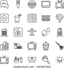 Thin Line Icon Set - passport control vector, tv, airport building, rake, butterfly, plant label, garden light, railroad, dialog, rec button, photo gallery, application, office, fruit tree, wireless