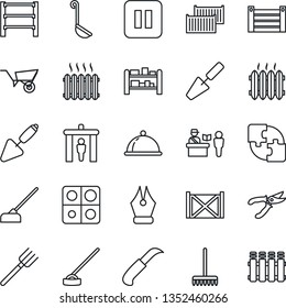 Thin Line Icon Set - passport control vector, security gate, trowel, farm fork, rake, wheelbarrow, pruner, hoe, garden knife, cargo container, rack, pause button, application, ink pen, heater, dish