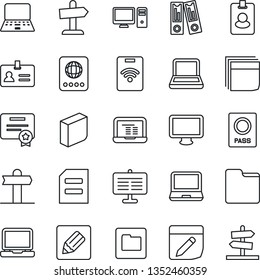 Thin Line Icon Set - passport vector, identity, office binder, notebook pc, document, signpost, monitor, laptop, folder, notes, presentation board, blank box, pass card, certificate, guidepost