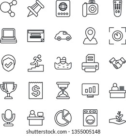 Thin Line Icon Set - passport vector, handshake, drawing pin, manager place, statistic monitor, printer, navigation, car delivery, receipt, shield, camera, microphone, remote control, share, desk