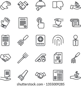 Thin Line Icon Set - passport vector, ladder car, handshake, document, garden fork, farm, glove, saw, heart hand, touch screen, finger down, fingerprint id, contract, estate, waiter, remote control