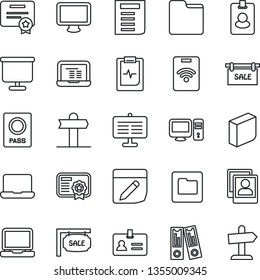Thin Line Icon Set - passport vector, identity, office binder, notebook pc, document, pulse clipboard, signpost, monitor, laptop, folder, notes, photo gallery, presentation board, blank box, sale