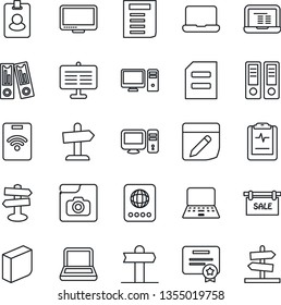Thin Line Icon Set - passport vector, office binder, notebook pc, document, pulse clipboard, signpost, monitor, notes, photo gallery, presentation board, blank box, sale, pass card, certificate