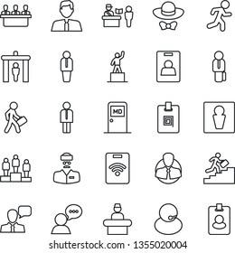 Thin Line Icon Set - passport control vector, security gate, male, reception, medical room, manager, pedestal, run, doctor, support, client, speaker, identity card, meeting, career ladder, pass