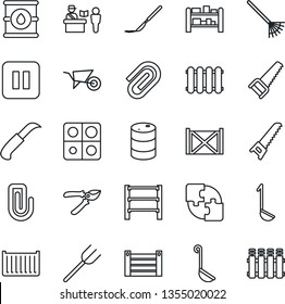 Thin Line Icon Set - passport control vector, farm fork, rake, wheelbarrow, pruner, saw, garden knife, scalpel, cargo container, oil barrel, rack, pause button, application, paper clip, ladle