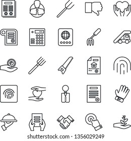Thin Line Icon Set - passport vector, ladder car, document, garden fork, farm, glove, saw, heart hand, client, touch screen, finger down, fingerprint id, handshake, contract, estate, waiter