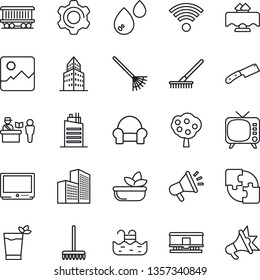 Thin Line Icon Set - passport control vector, rake, railroad, tv, gallery, settings, application, office building, pool, fruit tree, cushioned furniture, wireless, city house, restaurant table