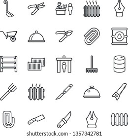 Thin Line Icon Set - passport control vector, security gate, farm fork, rake, wheelbarrow, pruner, saw, garden knife, scalpel, cargo container, oil barrel, rack, paper clip, ink pen, heater, dish