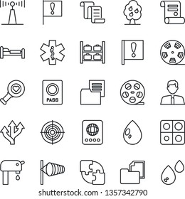 Thin Line Icon Set - passport vector, bed, wind, luggage storage, contract, water drop, heart diagnostic, ambulance star, route, important flag, folder document, reel, antenna, application, target