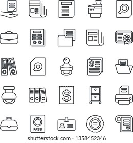 Thin Line Icon Set - passport vector, identity, office binder, document search, stamp, printer, receipt, folder, news, case, paper, archive box, copier, contract, certificate