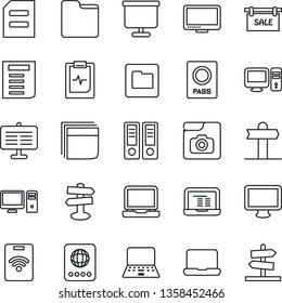 Thin Line Icon Set - passport vector, office binder, notebook pc, document, pulse clipboard, signpost, monitor, laptop, folder, photo gallery, presentation board, blank box, sale, pass card