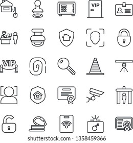 Thin Line Icon Set - passport control vector, security gate, bomb in case, identity, stamp, border cone, safe, lock, hose, face id, key, estate insurance, vip zone, home, protect, pass card