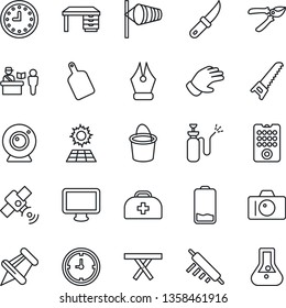 Thin Line Icon Set - passport control vector, camera, wind, desk, bucket, pruner, glove, saw, garden knife, picnic table, sprayer, doctor case, clock, satellite, monitor, paper pin, low battery, web