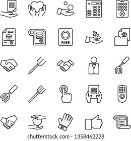 Thin Line Icon Set - passport vector, document, garden fork, farm, glove, heart hand, touch screen, finger up, handshake, estate, waiter, remote control, combination lock, palm sproute, investment