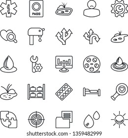 Thin Line Icon Set - passport vector, bed, luggage storage, statistic monitor, water drop, pond, heart diagnostic, pills blister, ambulance star, patient, route, folder document, reel, application