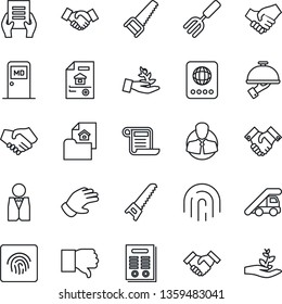Thin Line Icon Set - passport vector, ladder car, medical room, handshake, document, garden fork, glove, saw, client, finger down, fingerprint id, contract, estate, waiter, palm sproute