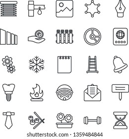 Thin Line Icon Set - passport vector, notepad, circle chart, ladder, fire, plant label, drip irrigation, barbell, implant, sorting, mail, gallery, bell, ink pen, wireless, flower in pot, sushi, gear