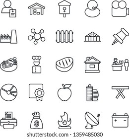 Thin Line Icon Set - passport control vector, money bag, printer, fire, house, greenhouse, picnic table, bird, patient, support, route, satellite antenna, video camera, share, paper pin, sertificate