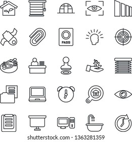 Thin Line Icon Set - passport vector, stamp, presentation board, greenhouse, eye, satellite, clipboard, sorting, route, laptop pc, alarm, paper clip, document folder, manager desk, target, bathroom