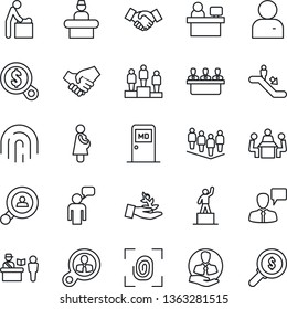 Thin Line Icon Set - passport control vector, escalator, baby room, reception, medical, handshake, speaking man, pedestal, team, manager place, pregnancy, client, user, fingerprint id, meeting