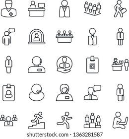 Thin Line Icon Set - passport control vector, reception, manager, speaking man, pedestal, team, place, run, doctor, support, client, speaker, identity card, meeting, career ladder, waiter, pass