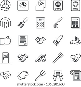 Thin Line Icon Set - passport vector, ladder car, medical room, document, garden fork, farm, glove, saw, client, finger up, fingerprint id, handshake, contract, estate, combination lock