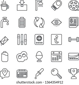 Thin Line Icon Set - passport vector, dropper, barbell, mobile tracking, receipt, package, reel, settings, battery, update, calendar, eye id, coffee, water supply, key, egg stand, credit card, mail