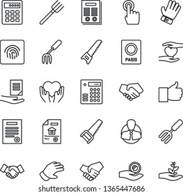 Thin Line Icon Set - passport vector, handshake, document, garden fork, farm, glove, saw, heart hand, client, touch screen, finger up, fingerprint id, contract, estate, combination lock, investment