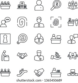 Thin Line Icon Set - passport control vector, escalator, female, baby room, handshake, speaking man, meeting, manager place, hospital, doctor, client, speaker, user, hr, desk, company, search, money