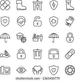 Thin Line Icon Set - passport control vector, security gate, trash bin, glove, boot, patch, heart shield, hand, umbrella, protect, lock, eye id, estate insurance, intercome, home, palm sproute