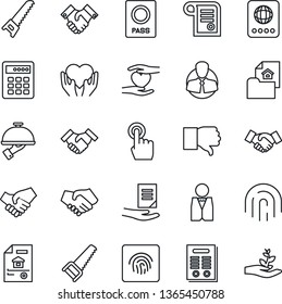 Thin Line Icon Set - passport vector, handshake, document, saw, heart hand, client, touch screen, finger down, fingerprint id, contract, estate, waiter, combination lock, palm sproute