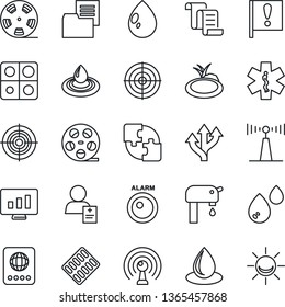 Thin Line Icon Set - passport vector, contract, statistic monitor, water drop, pond, pills blister, ambulance star, patient, route, important flag, folder document, reel, antenna, application