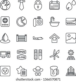 Thin Line Icon Set - passport vector, plane, lock, water drop, container, warehouse storage, camera, favorites list, gallery, pie graph, book, sun panel, bathroom, beer, dress code, open close, pc