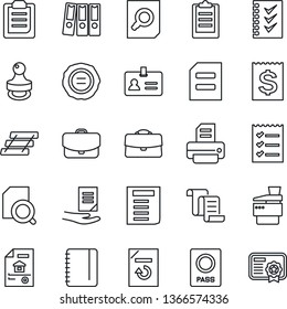 Thin Line Icon Set - passport vector, identity, contract, document search, notepad, reload, stamp, printer, receipt, clipboard, case, checklist, paper binder, tray, copier, estate, certificate