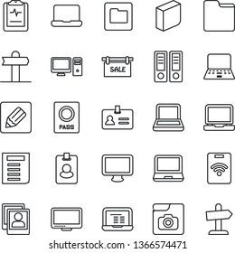 Thin Line Icon Set - passport vector, identity, office binder, notebook pc, document, pulse clipboard, signpost, monitor, laptop, folder, notes, photo gallery, blank box, sale, pass card, guidepost