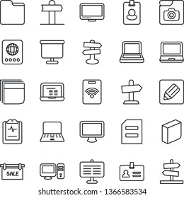 Thin Line Icon Set - passport vector, identity, notebook pc, document, pulse clipboard, signpost, monitor, laptop, folder, notes, photo gallery, presentation board, blank box, sale, pass card