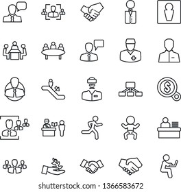 Thin Line Icon Set - passport control vector, escalator, male, baby, handshake, speaking man, meeting, run, doctor, client, speaker, user, hr, manager desk, waiter, group, palm sproute, money search