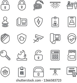 Thin Line Icon Set - passport control vector, stamp, lock, identity card, hose, shield, flammable, protect, key, intercome, home, combination, surveillance, sprinkler