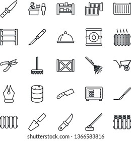 Thin Line Icon Set - passport control vector, safe, trowel, rake, wheelbarrow, pruner, hoe, garden knife, scalpel, cargo container, oil barrel, rack, ink pen, heater, dish, radiator