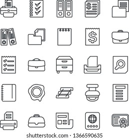 Thin Line Icon Set - passport vector, office binder, document search, notepad, stamp, printer, receipt, folder, case, news, checklist, paper tray, archive box, certificate