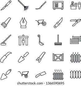 Thin Line Icon Set - passport control vector, security gate, safe, trowel, rake, wheelbarrow, pruner, saw, hoe, garden knife, scalpel, cargo container, ink pen, heater, ladle, radiator