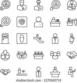 Thin Line Icon Set - passport control vector, escalator, male, reception, medical room, handshake, meeting, doctor, pregnancy, client, group, user, fingerprint id, company, manager desk, search