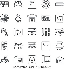 Thin Line Icon Set - passport control vector, radar, stamp, scales, gamepad, settings, fast forward, rewind, rec button, tuning, air conditioner, vip zone, home, remote, intercome, garage gate